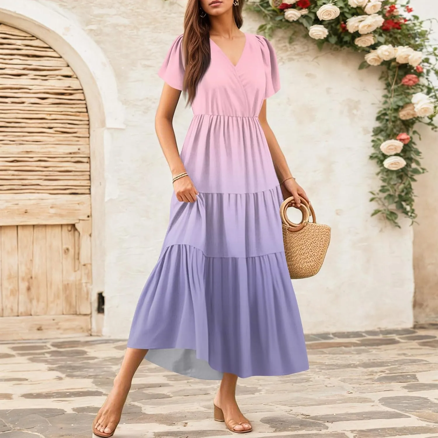 Graduation Dresses for Women 2025 Bell Short Sleeve Garden Party Dress Elegant Long Flowy Tiered Dress