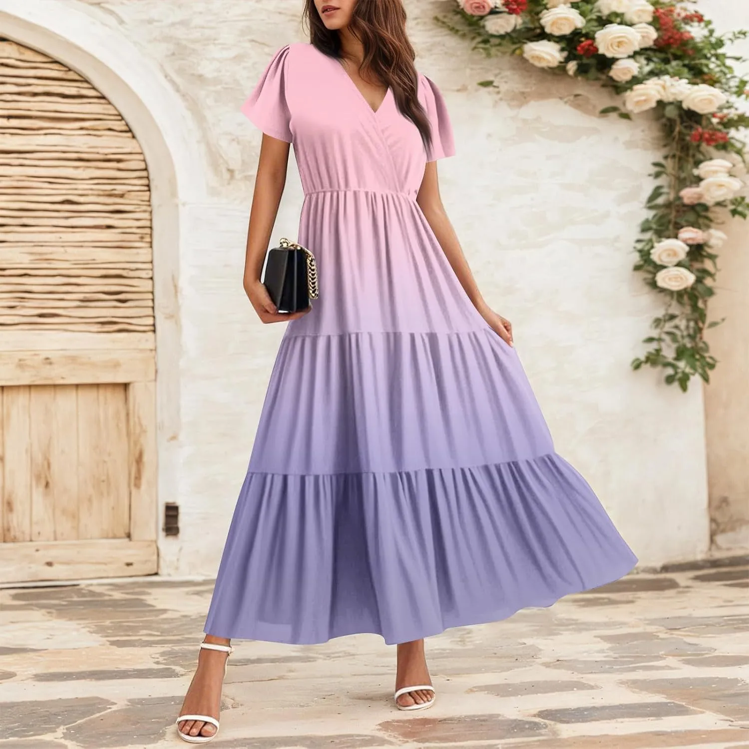 Graduation Dresses for Women 2025 Bell Short Sleeve Garden Party Dress Elegant Long Flowy Tiered Dress