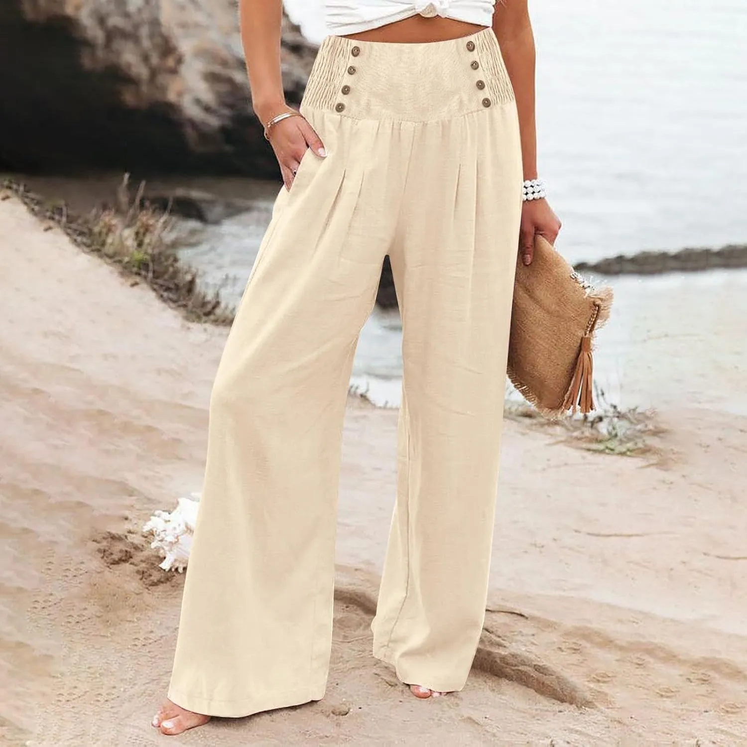High Waisted Palazzo Wide Leg Flowy Dressy Pants for Women Business Casual Trousers with Pockets