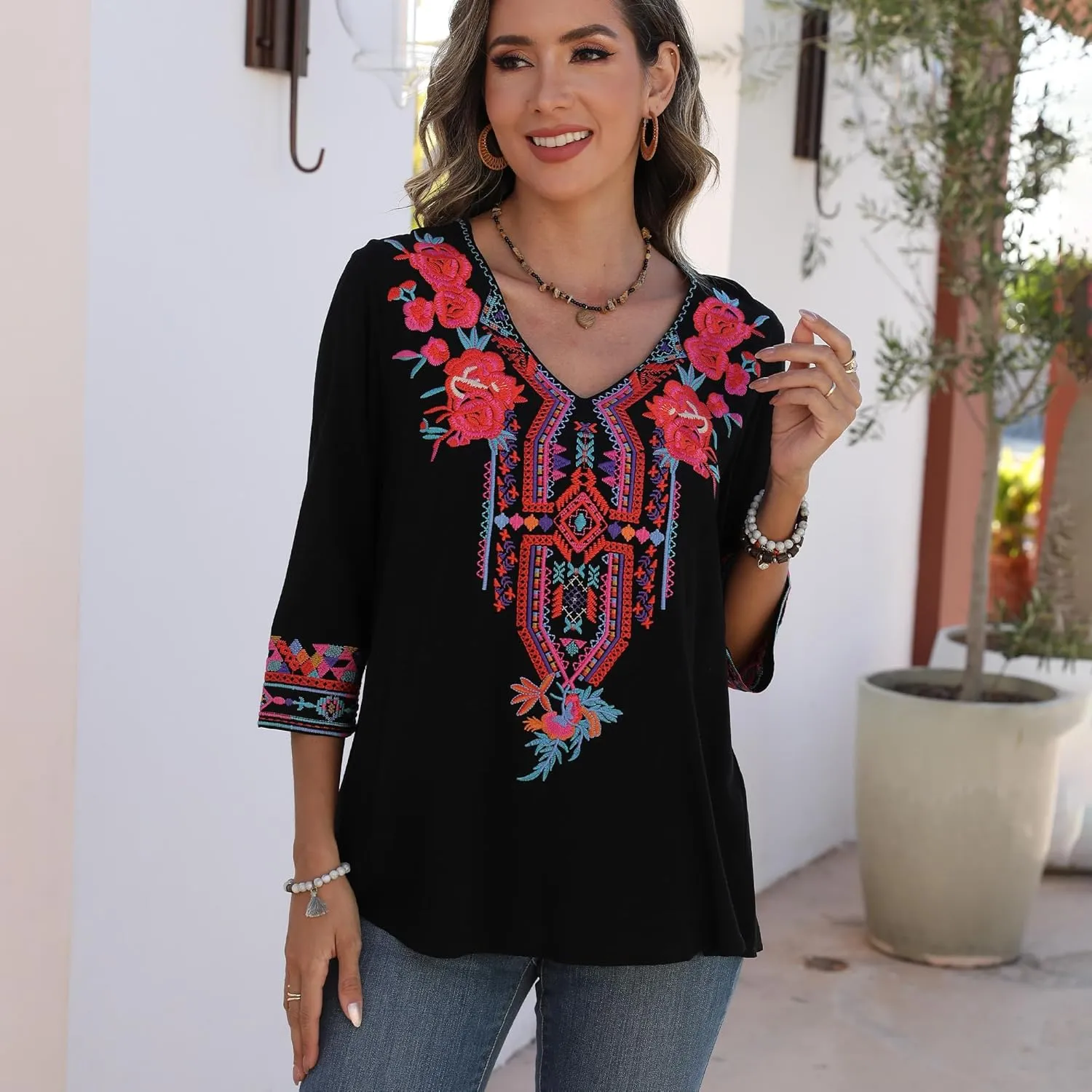 Higustar Women's Embroidered Tops Boho Floral Tunics Fiesta Shirts Peasant Hippie Clothes Traditional Bohemian Blouses