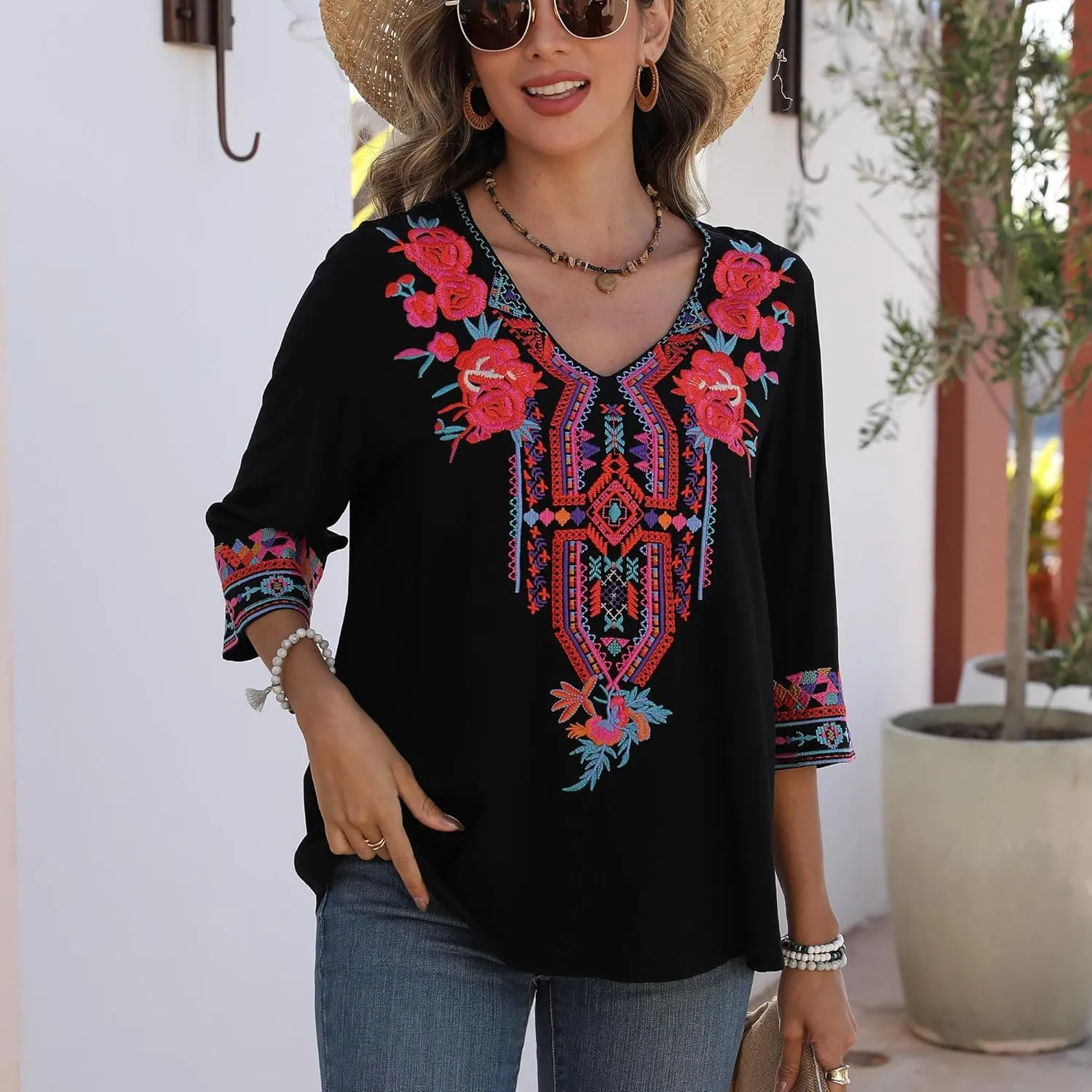 Higustar Women's Embroidered Tops Boho Floral Tunics Fiesta Shirts Peasant Hippie Clothes Traditional Bohemian Blouses