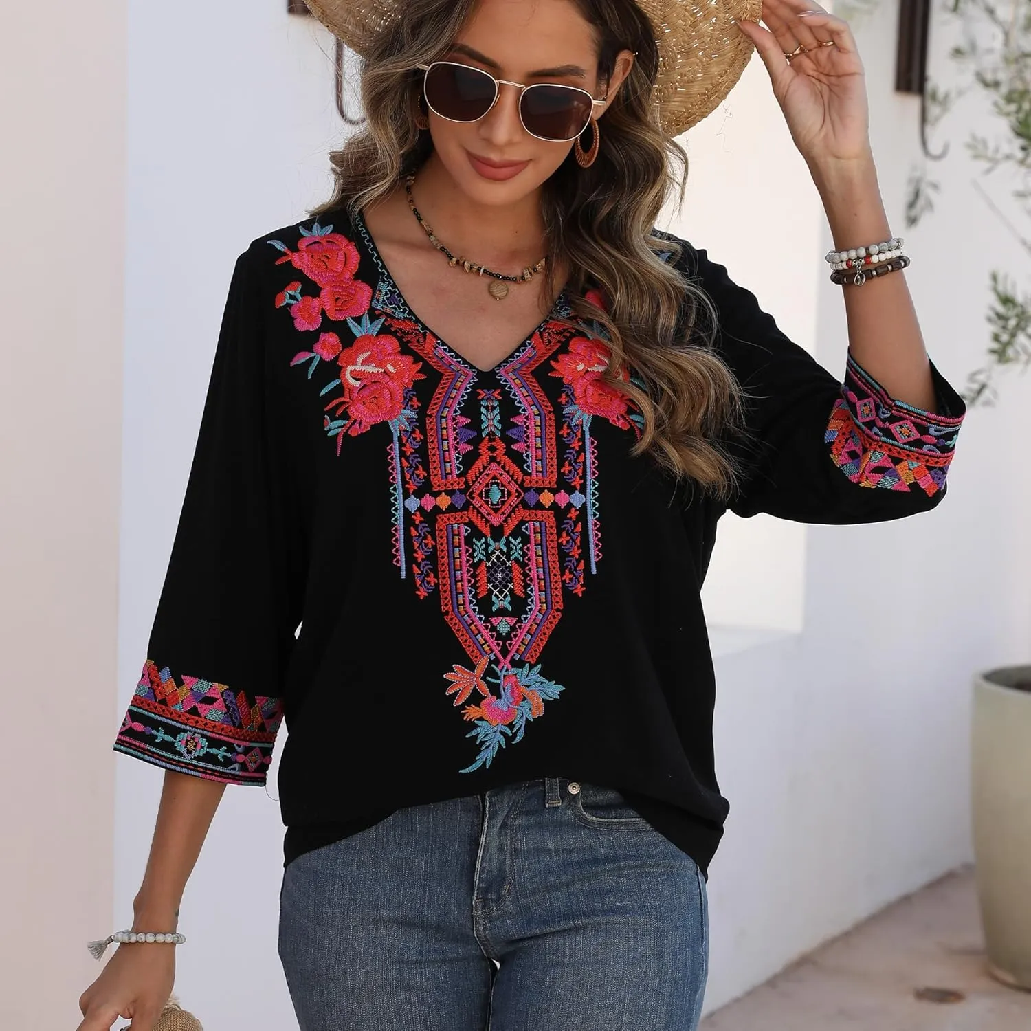 Higustar Women's Embroidered Tops Boho Floral Tunics Fiesta Shirts Peasant Hippie Clothes Traditional Bohemian Blouses