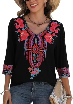 Higustar Women's Embroidered Tops Boho Floral Tunics Fiesta Shirts Peasant Hippie Clothes Traditional Bohemian Blouses