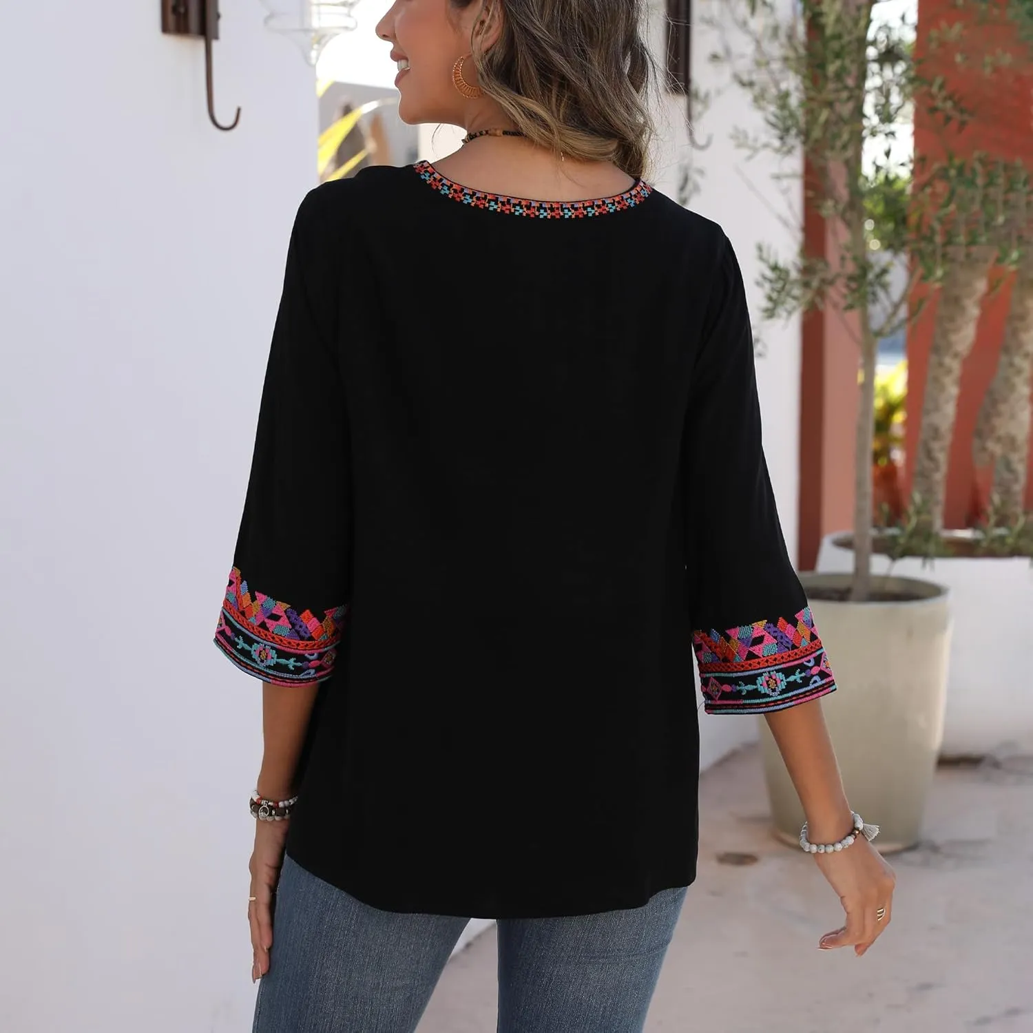 Higustar Women's Embroidered Tops Boho Floral Tunics Fiesta Shirts Peasant Hippie Clothes Traditional Bohemian Blouses