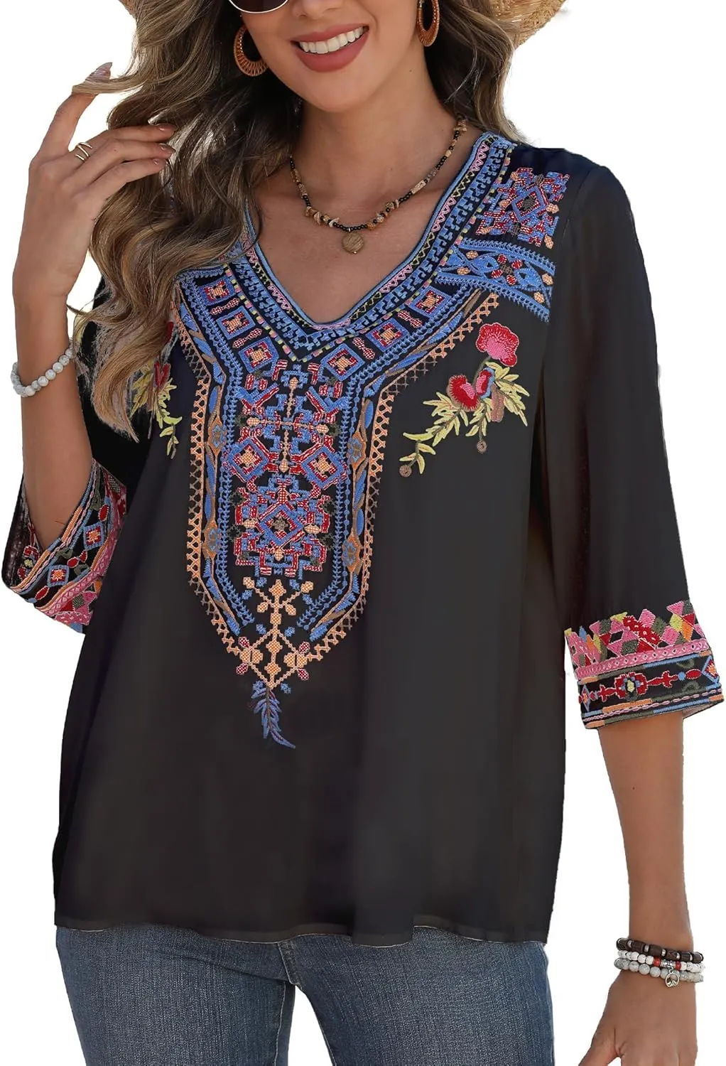 Higustar Women's Embroidered Tops Boho Floral Tunics Fiesta Shirts Peasant Hippie Clothes Traditional Bohemian Blouses