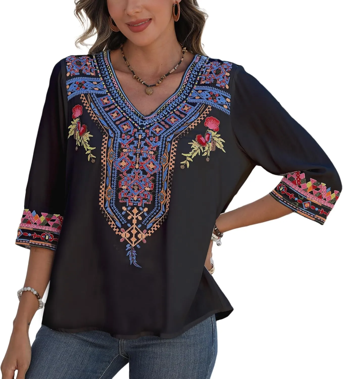 Higustar Women's Embroidered Tops Boho Floral Tunics Fiesta Shirts Peasant Hippie Clothes Traditional Bohemian Blouses