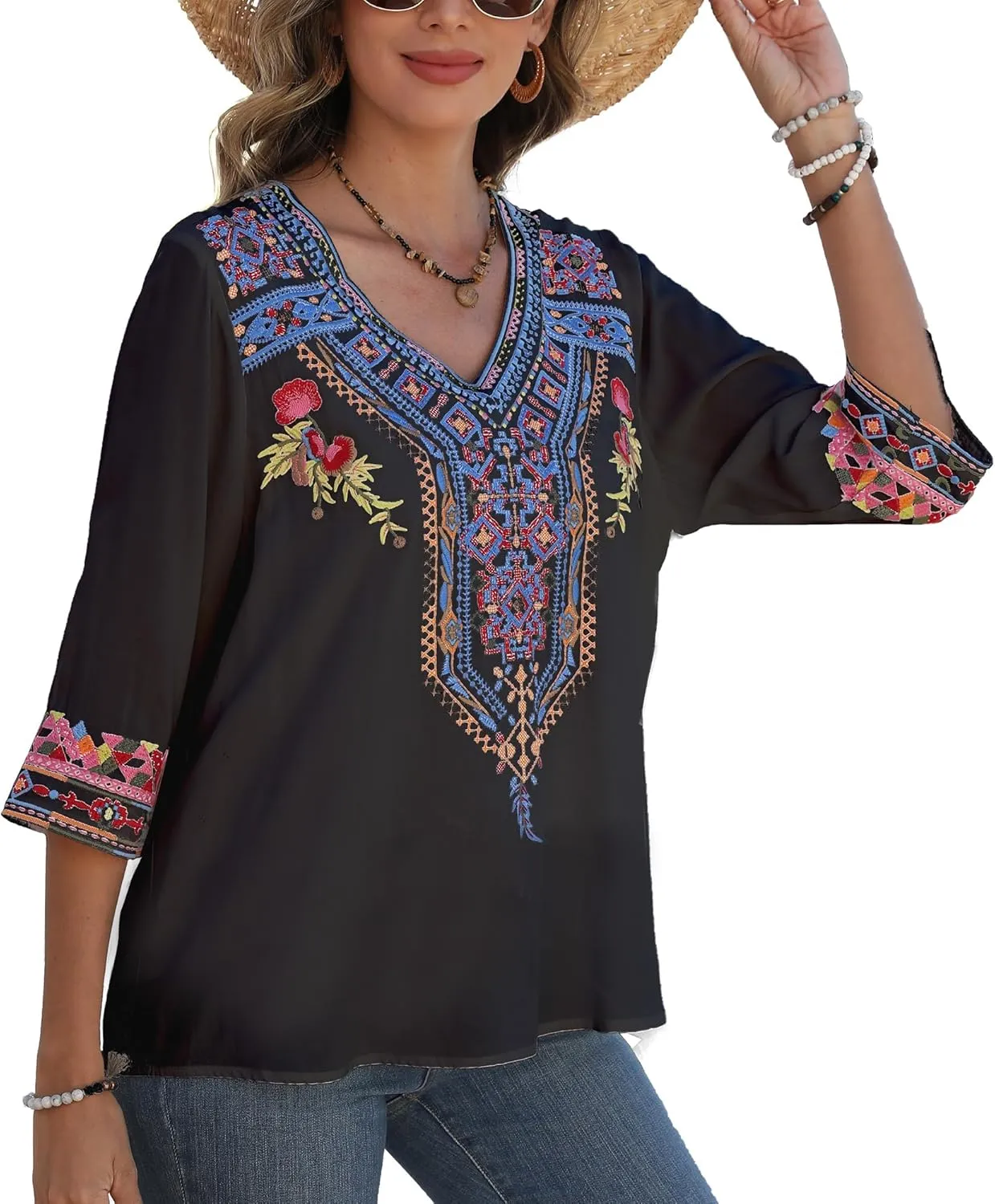 Higustar Women's Embroidered Tops Boho Floral Tunics Fiesta Shirts Peasant Hippie Clothes Traditional Bohemian Blouses