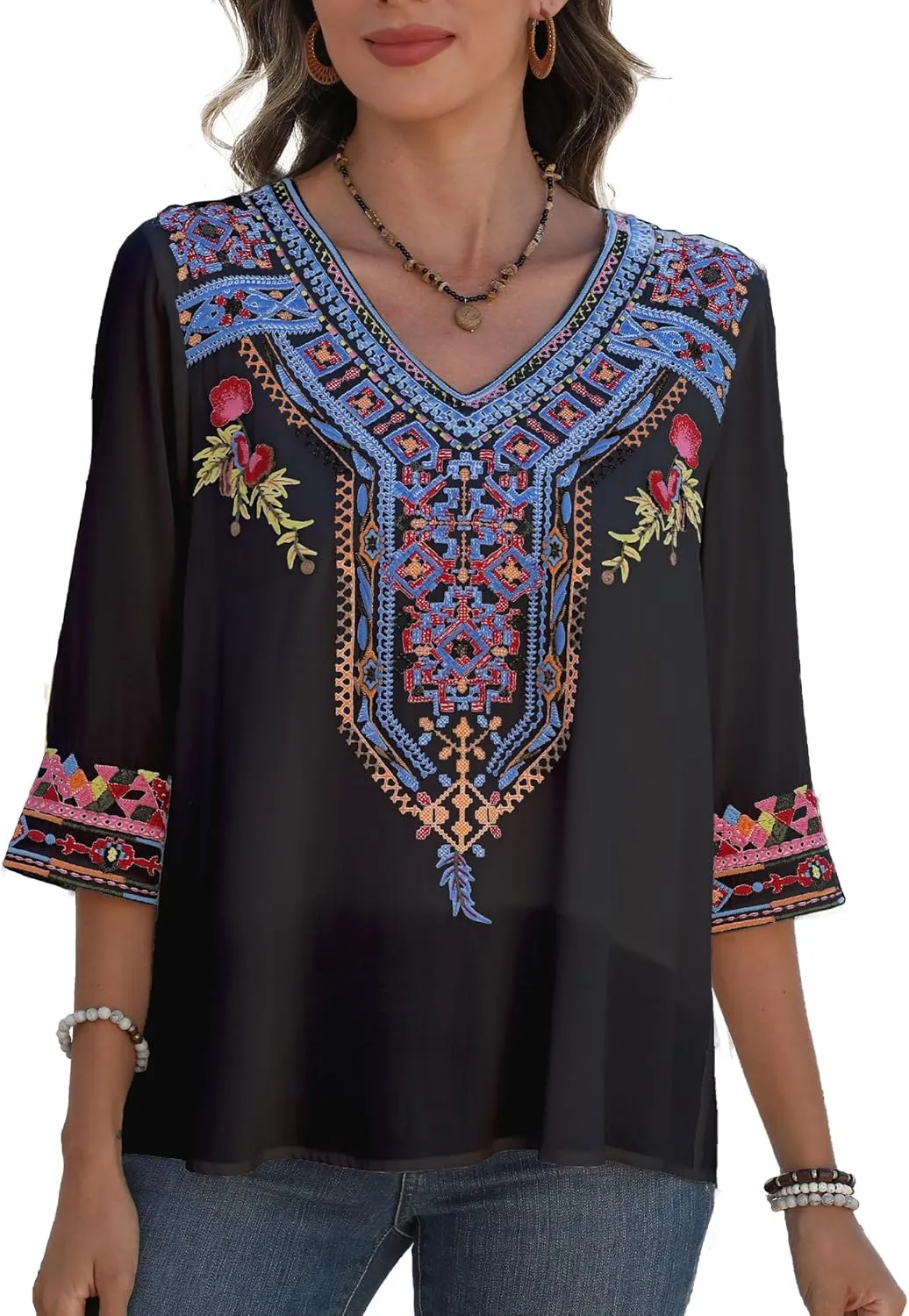 Higustar Women's Embroidered Tops Boho Floral Tunics Fiesta Shirts Peasant Hippie Clothes Traditional Bohemian Blouses