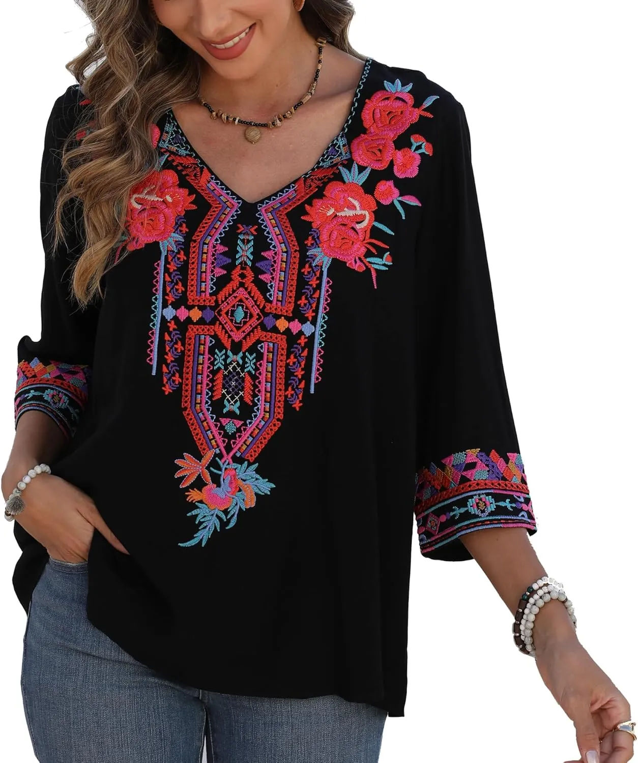 Higustar Women's Embroidered Tops Boho Floral Tunics Fiesta Shirts Peasant Hippie Clothes Traditional Bohemian Blouses