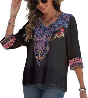 Higustar Women's Embroidered Tops Boho Floral Tunics Fiesta Shirts Peasant Hippie Clothes Traditional Bohemian Blouses