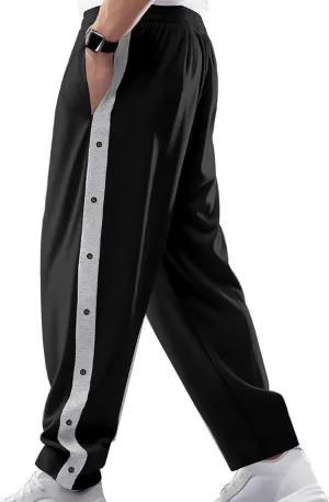 hlysgo Mens Jacquard Sweatpants Casual Loose Fit Side Button Trim Wide Leg Straight Pants Color Block Drawstring Joggers