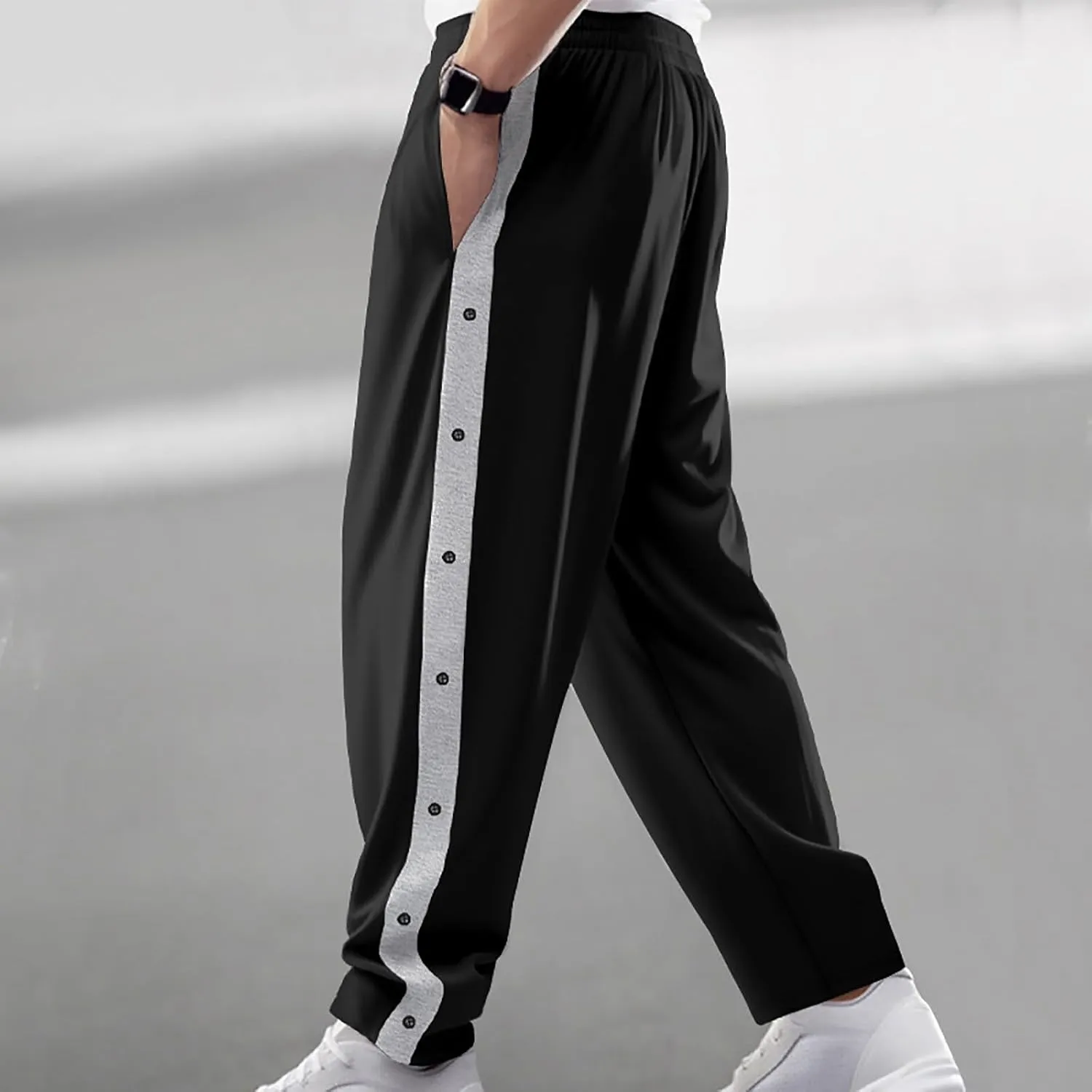hlysgo Mens Jacquard Sweatpants Casual Loose Fit Side Button Trim Wide Leg Straight Pants Color Block Drawstring Joggers