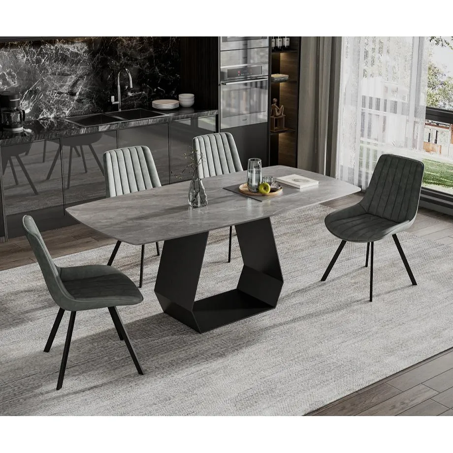 IFDC Table de salle à manger avec dessus en pierre et pied central T-1560