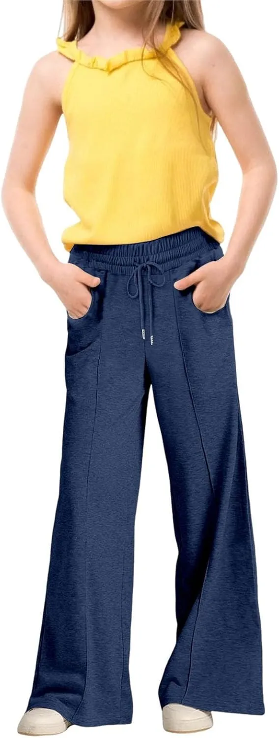 Kids Girls Wide Leg Sweatpants rawstring Straight Elastic Waisted Baggy Breathable Pants Pocket Trousers