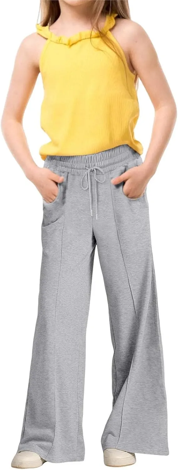 Kids Girls Wide Leg Sweatpants rawstring Straight Elastic Waisted Baggy Breathable Pants Pocket Trousers