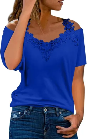 Lace Crochet Cold Shoulder Tops for Women 2025 Trendy Summer Short Sleeve Tunic Shirts Casual Loose Strappy Blouse