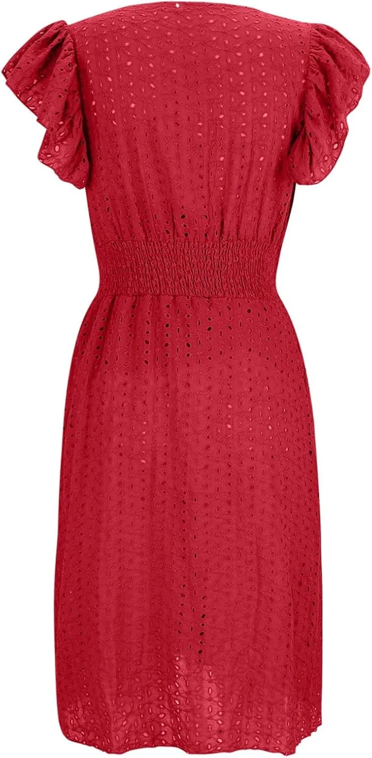 Ladies V Neck Eyelet Midi Dress Pleated Sleeve Wrap A Line Summer Dresses Knee Length Lightweight Flowy Soft Beachwear