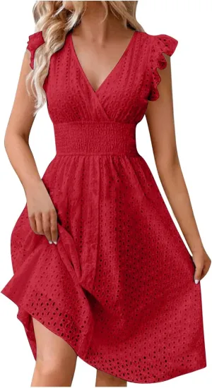 Ladies V Neck Eyelet Midi Dress Pleated Sleeve Wrap A Line Summer Dresses Knee Length Lightweight Flowy Soft Beachwear