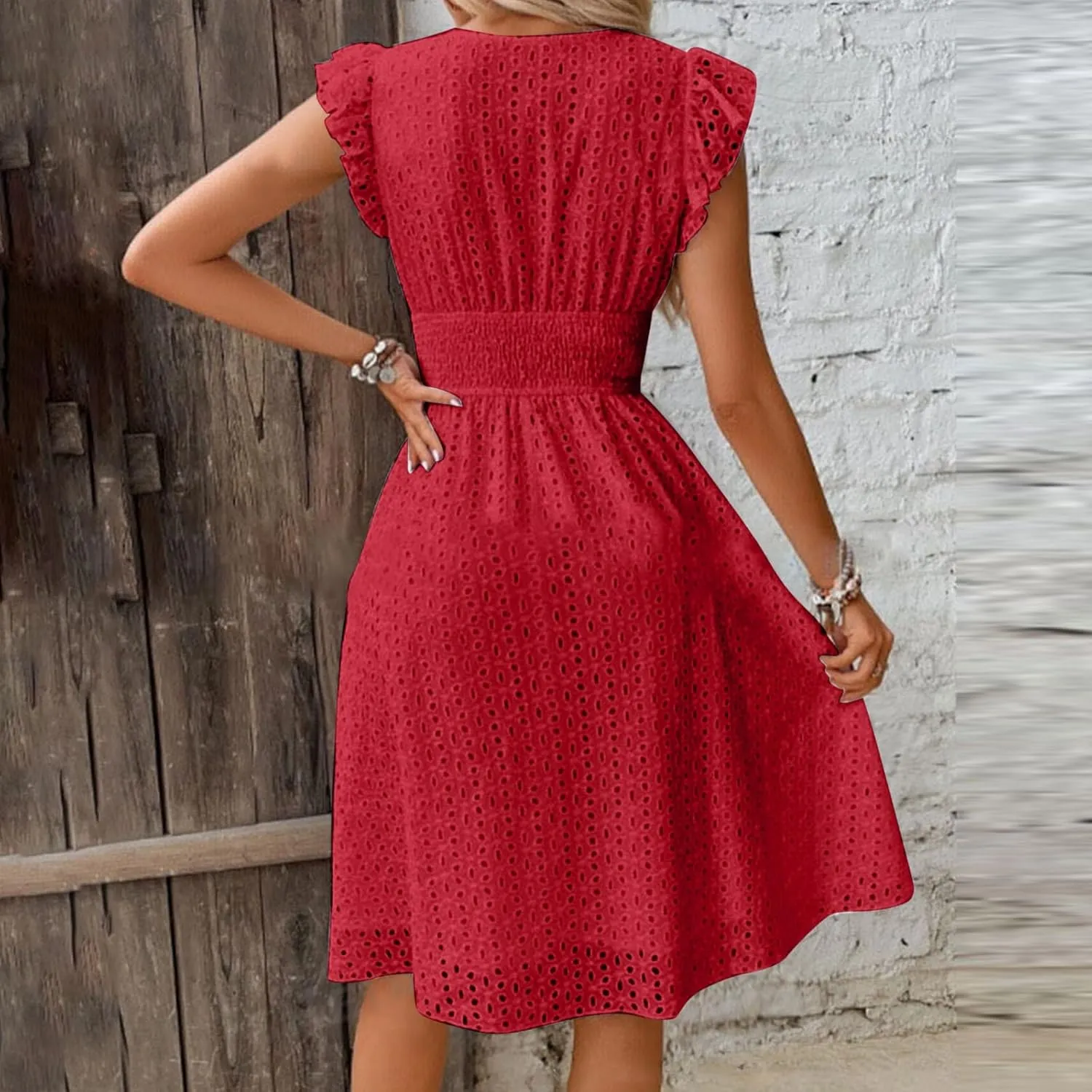 Ladies V Neck Eyelet Midi Dress Pleated Sleeve Wrap A Line Summer Dresses Knee Length Lightweight Flowy Soft Beachwear