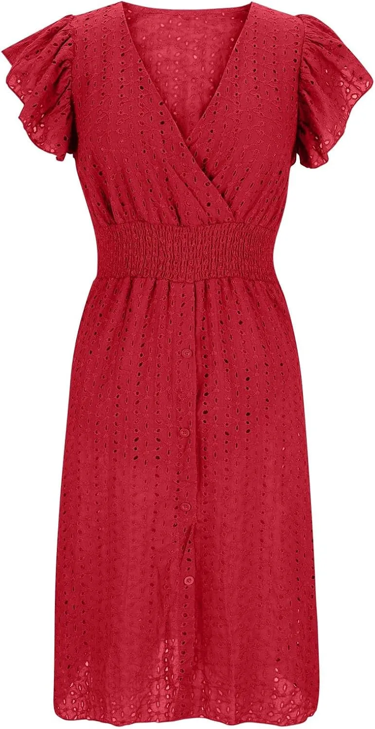 Ladies V Neck Eyelet Midi Dress Pleated Sleeve Wrap A Line Summer Dresses Knee Length Lightweight Flowy Soft Beachwear