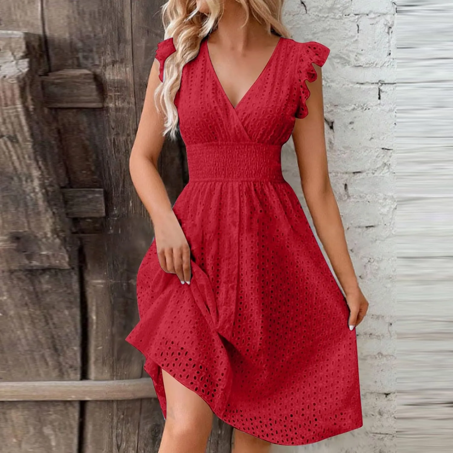Ladies V Neck Eyelet Midi Dress Pleated Sleeve Wrap A Line Summer Dresses Knee Length Lightweight Flowy Soft Beachwear