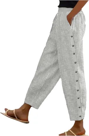 Linen Capris for Women Lightweight Summer Pants Drawstring Elastic Waisted Vacation Beach Linen Pants Casual Travel Trousers