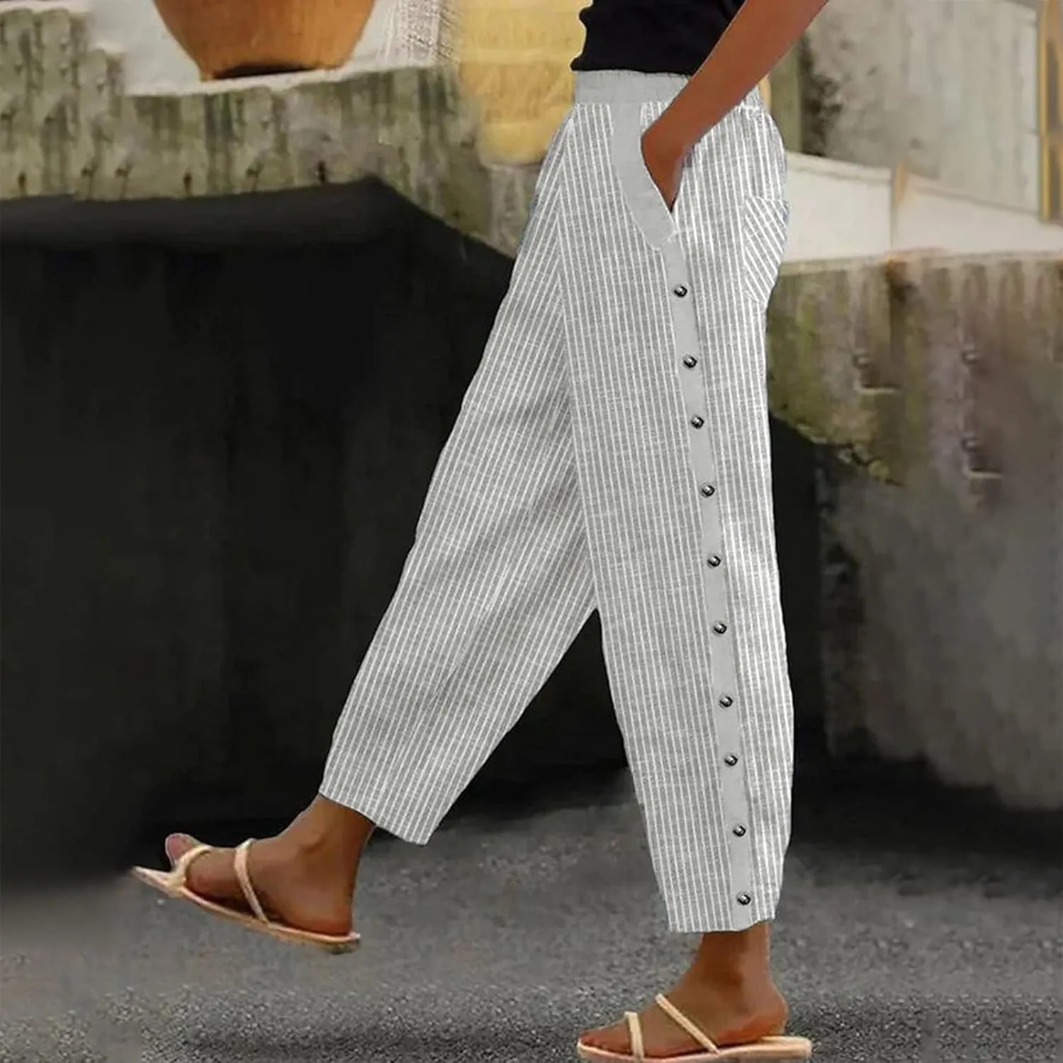 Linen Capris for Women Lightweight Summer Pants Drawstring Elastic Waisted Vacation Beach Linen Pants Casual Travel Trousers