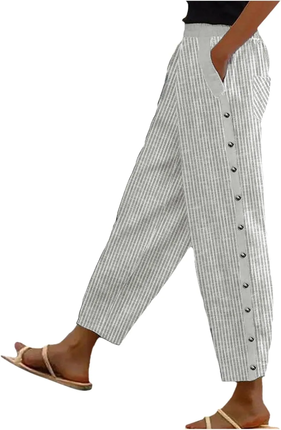 Linen Capris for Women Lightweight Summer Pants Drawstring Elastic Waisted Vacation Beach Linen Pants Casual Travel Trousers