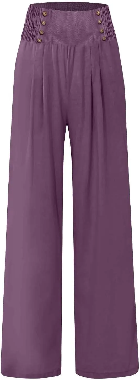 Linen Palazzo Pants for Women Elastic Waist Loose Lightweight Straight Lounge Linen Trousers Women