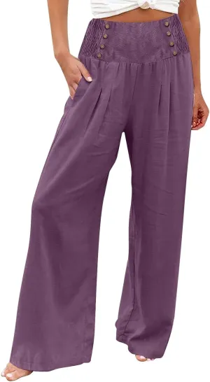 Linen Palazzo Pants for Women Elastic Waist Loose Lightweight Straight Lounge Linen Trousers Women