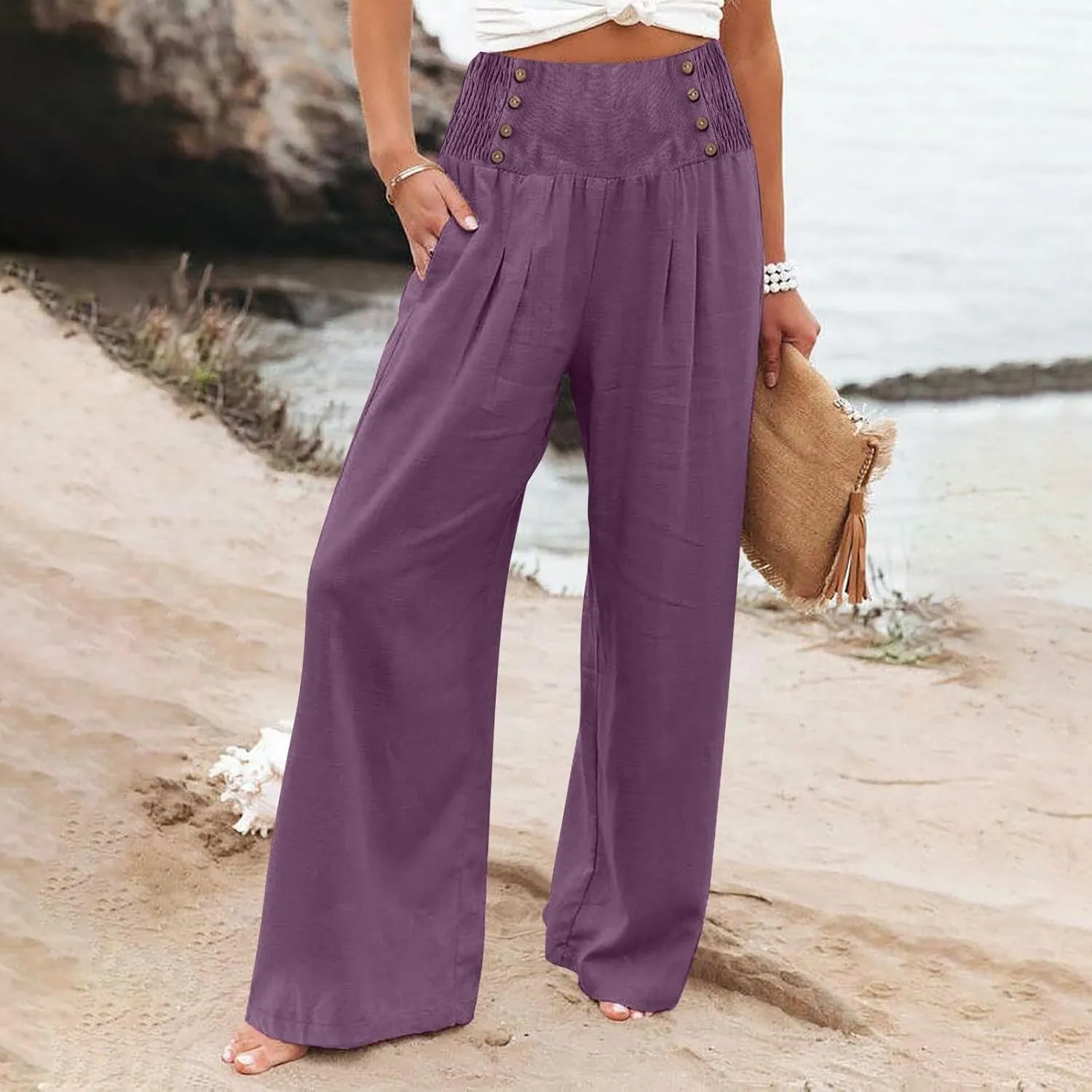 Linen Palazzo Pants for Women Elastic Waist Loose Lightweight Straight Lounge Linen Trousers Women