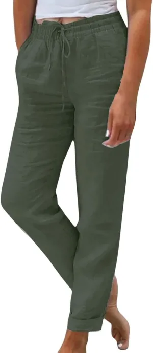 Linen Pants Women Lounge Athletic Work Elastic Comfy Bermuda Petite High Waisted Palazzo Capri Joggers Set