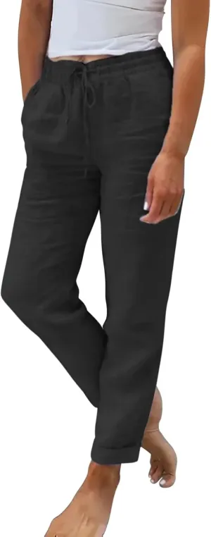 Linen Pants Women Lounge Athletic Work Elastic Comfy Bermuda Petite High Waisted Palazzo Capri Joggers Set