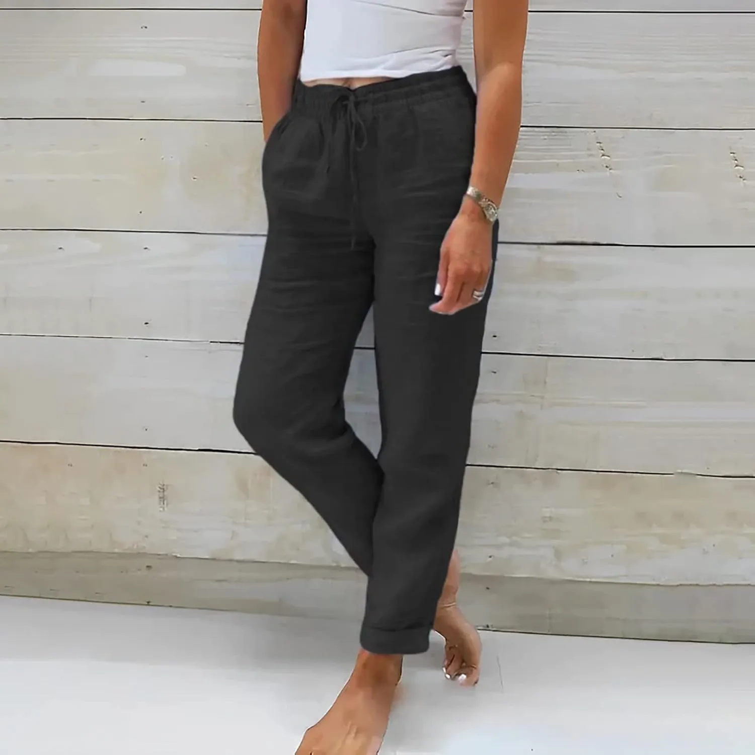 Linen Pants Women Lounge Athletic Work Elastic Comfy Bermuda Petite High Waisted Palazzo Capri Joggers Set