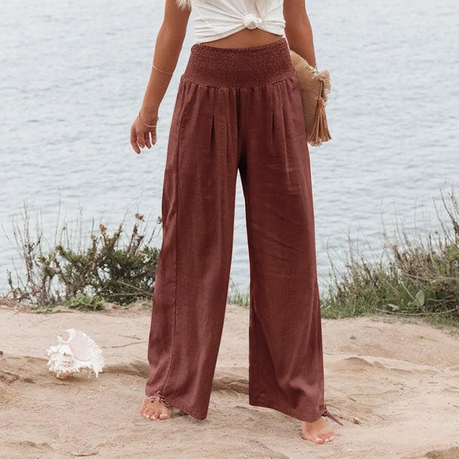 LRMQS Linen Wide Leg Pants Women Summer Casual Drawstring Elastic High Waist Trousers Resort Wear Beach Trendy Palazzo Pant