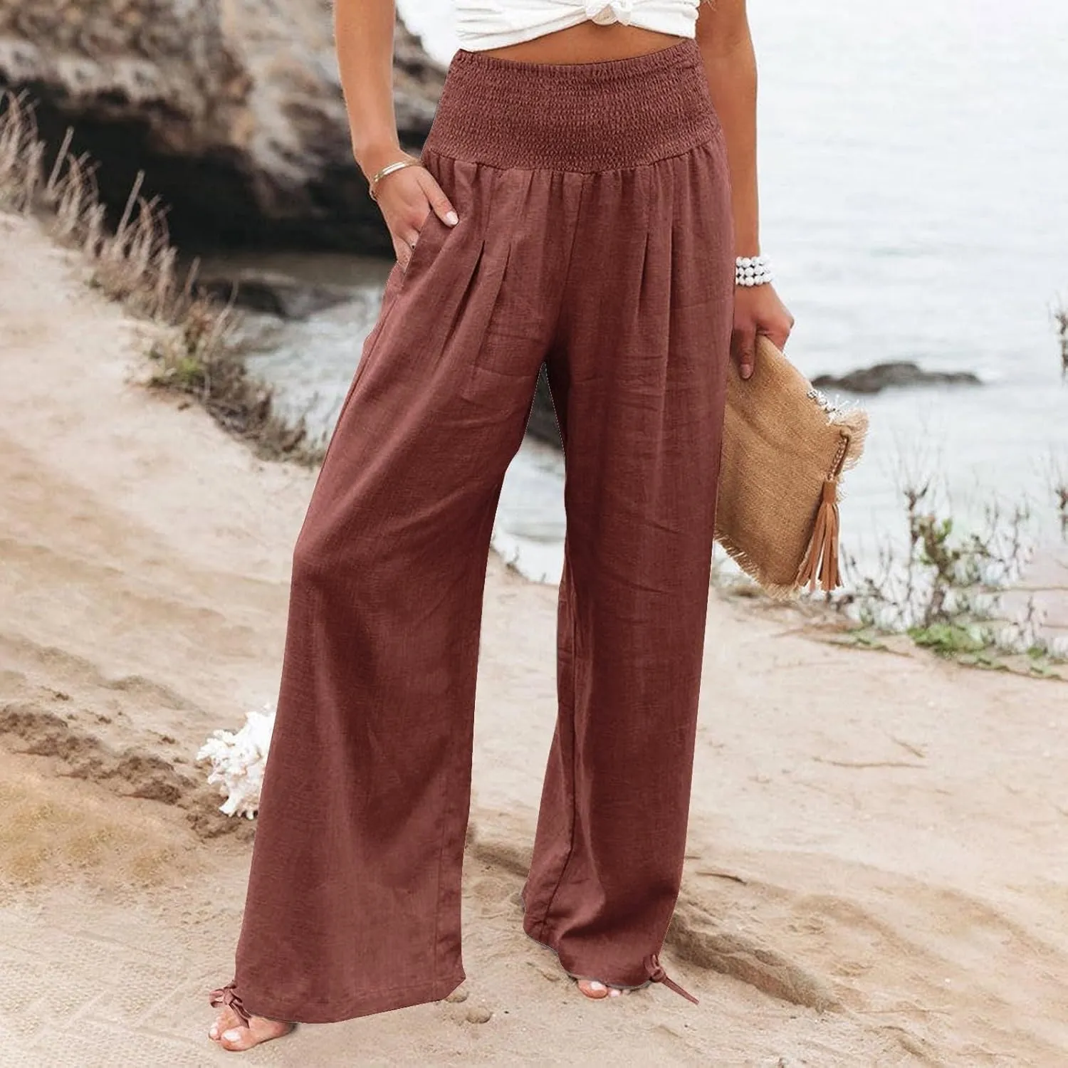 LRMQS Linen Wide Leg Pants Women Summer Casual Drawstring Elastic High Waist Trousers Resort Wear Beach Trendy Palazzo Pant