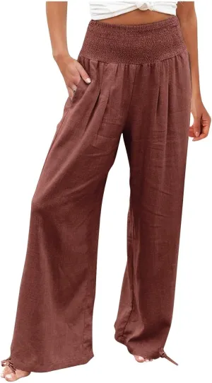 LRMQS Linen Wide Leg Pants Women Summer Casual Drawstring Elastic High Waist Trousers Resort Wear Beach Trendy Palazzo Pant