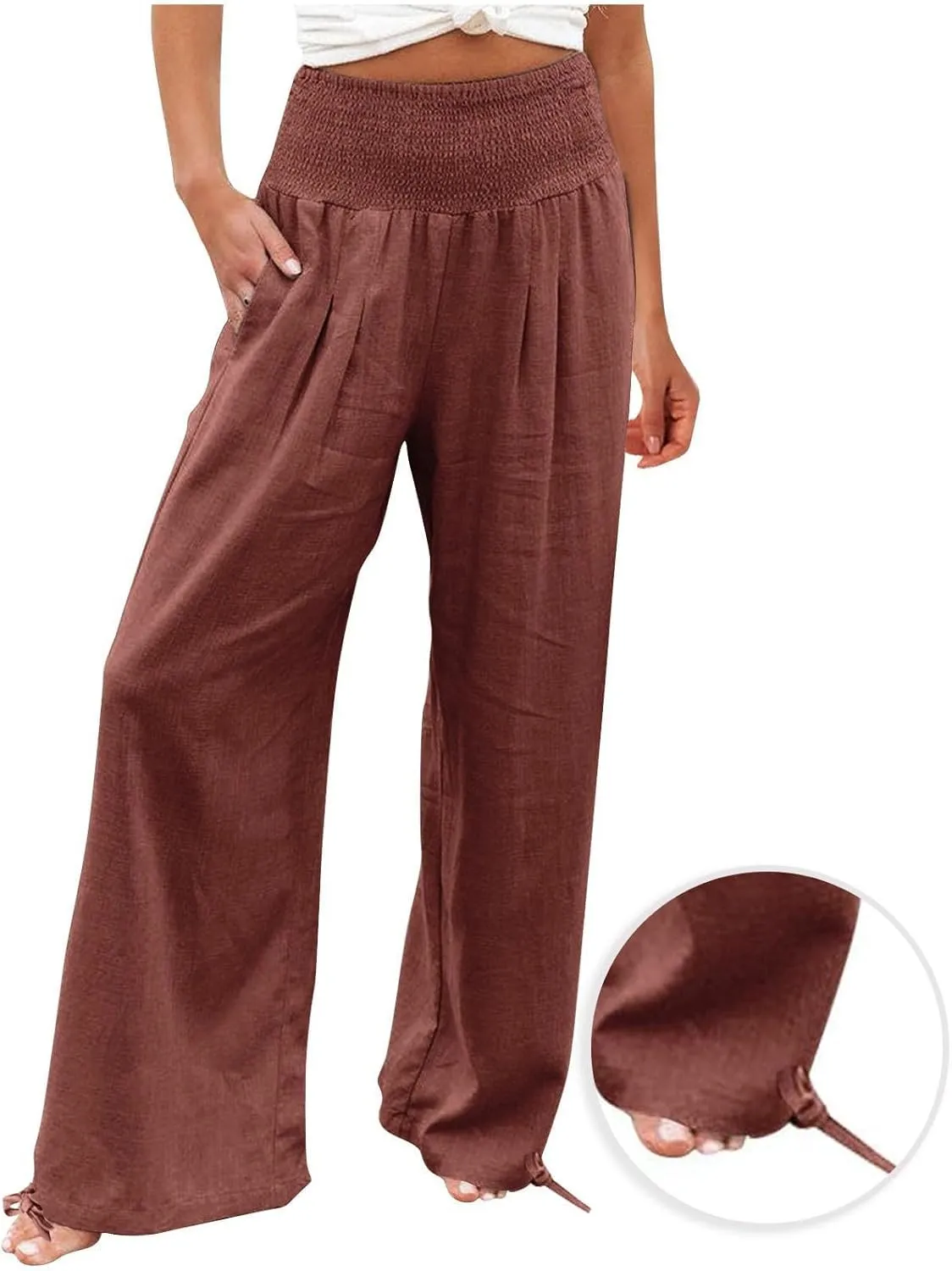 LRMQS Linen Wide Leg Pants Women Summer Casual Drawstring Elastic High Waist Trousers Resort Wear Beach Trendy Palazzo Pant