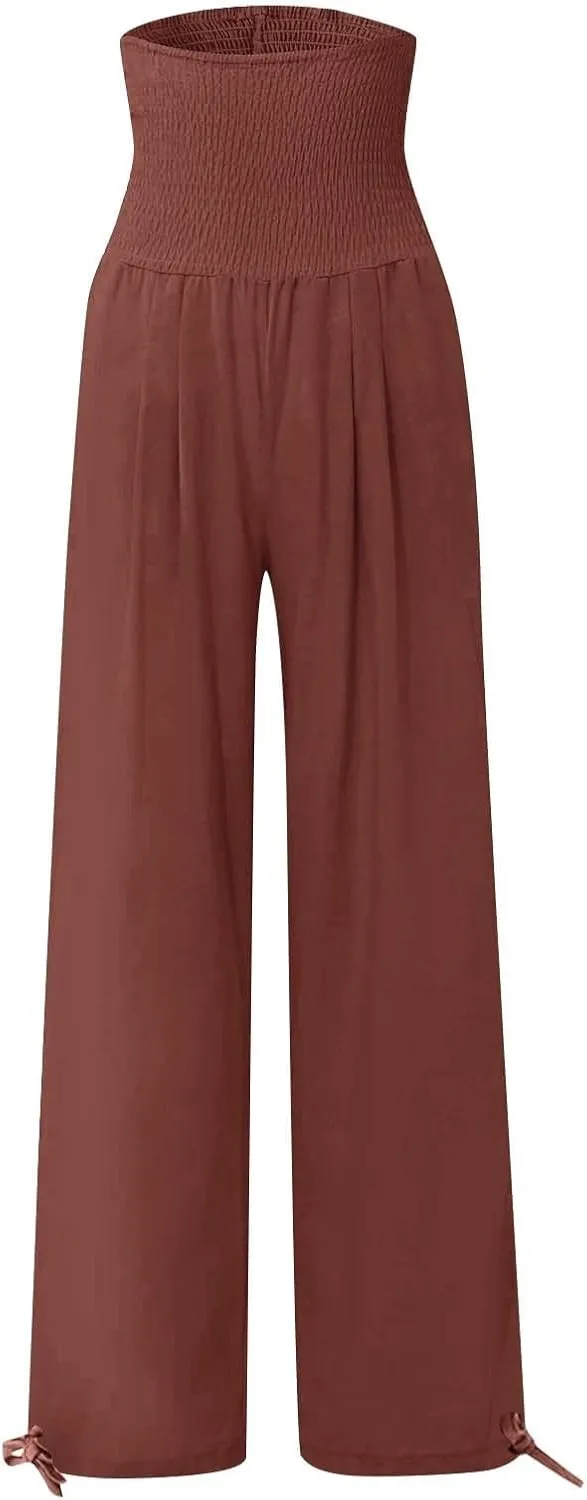 LRMQS Linen Wide Leg Pants Women Summer Casual Drawstring Elastic High Waist Trousers Resort Wear Beach Trendy Palazzo Pant