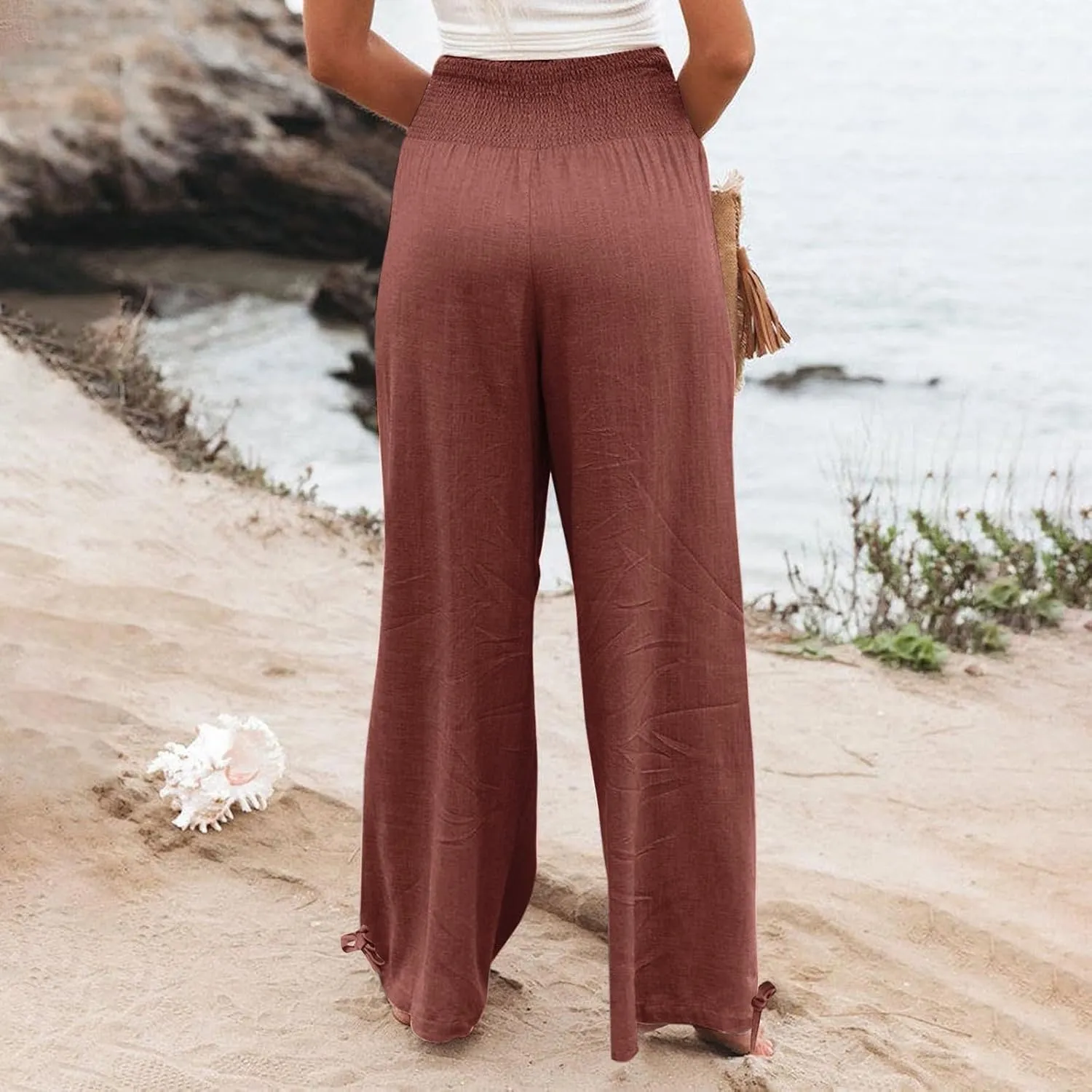 LRMQS Linen Wide Leg Pants Women Summer Casual Drawstring Elastic High Waist Trousers Resort Wear Beach Trendy Palazzo Pant