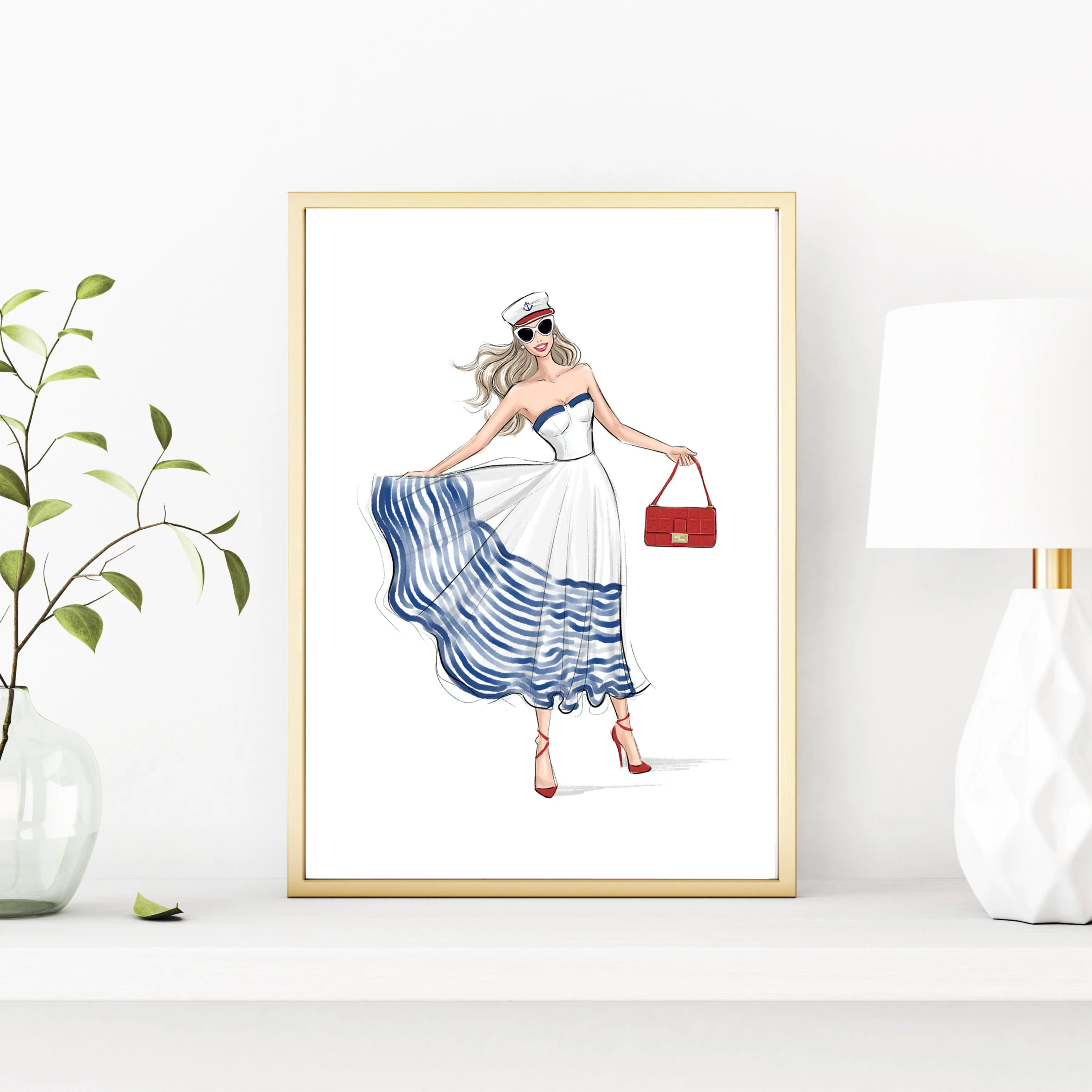 Marine dress girl summer art print fashion illustration
