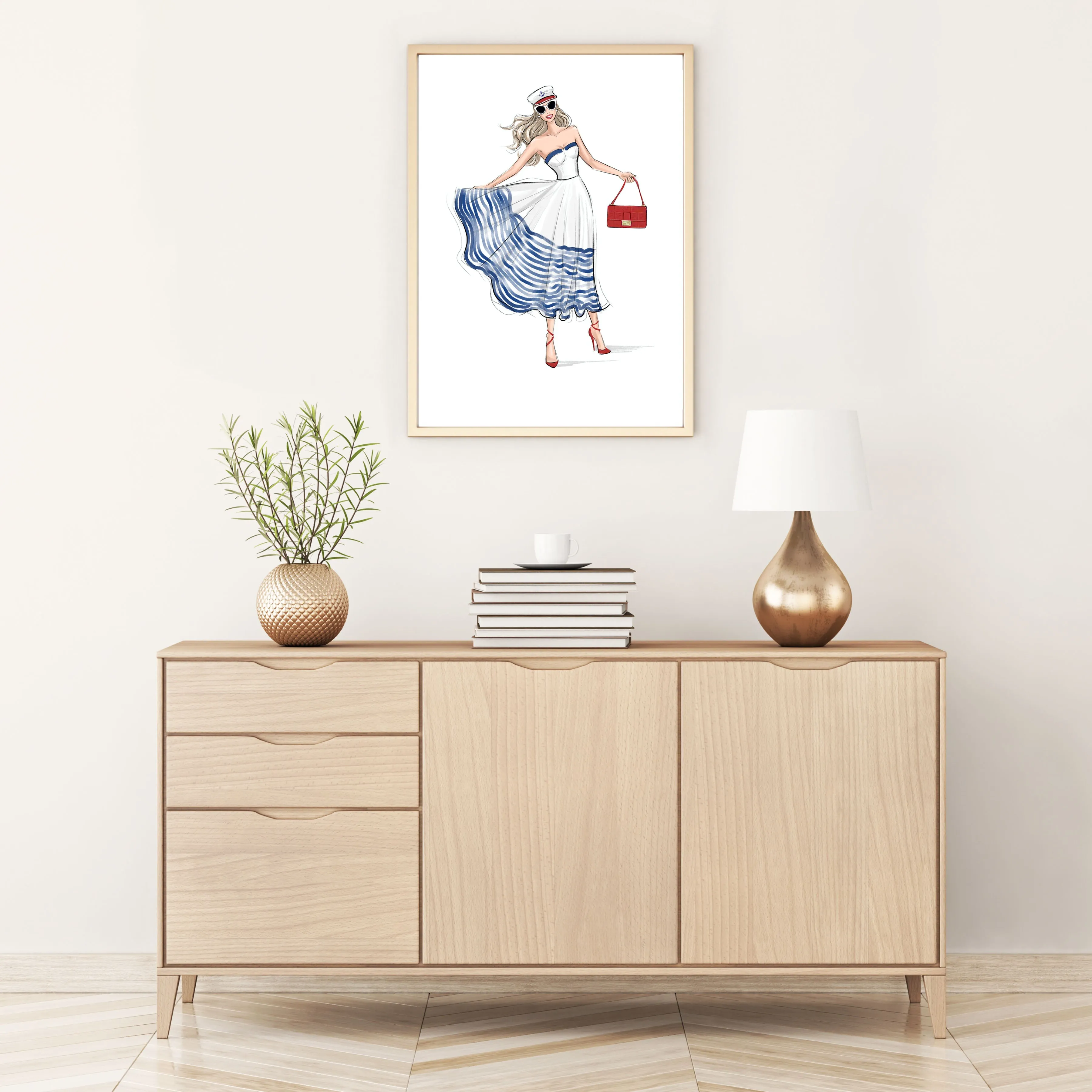 Marine dress girl summer art print fashion illustration