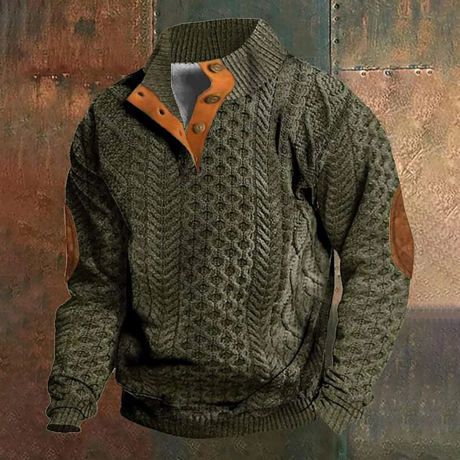 Men's Cable Knit Pullover Sweater Casual Long Sleeve Stand Collar Button Up Knitted Hen ley Pullover