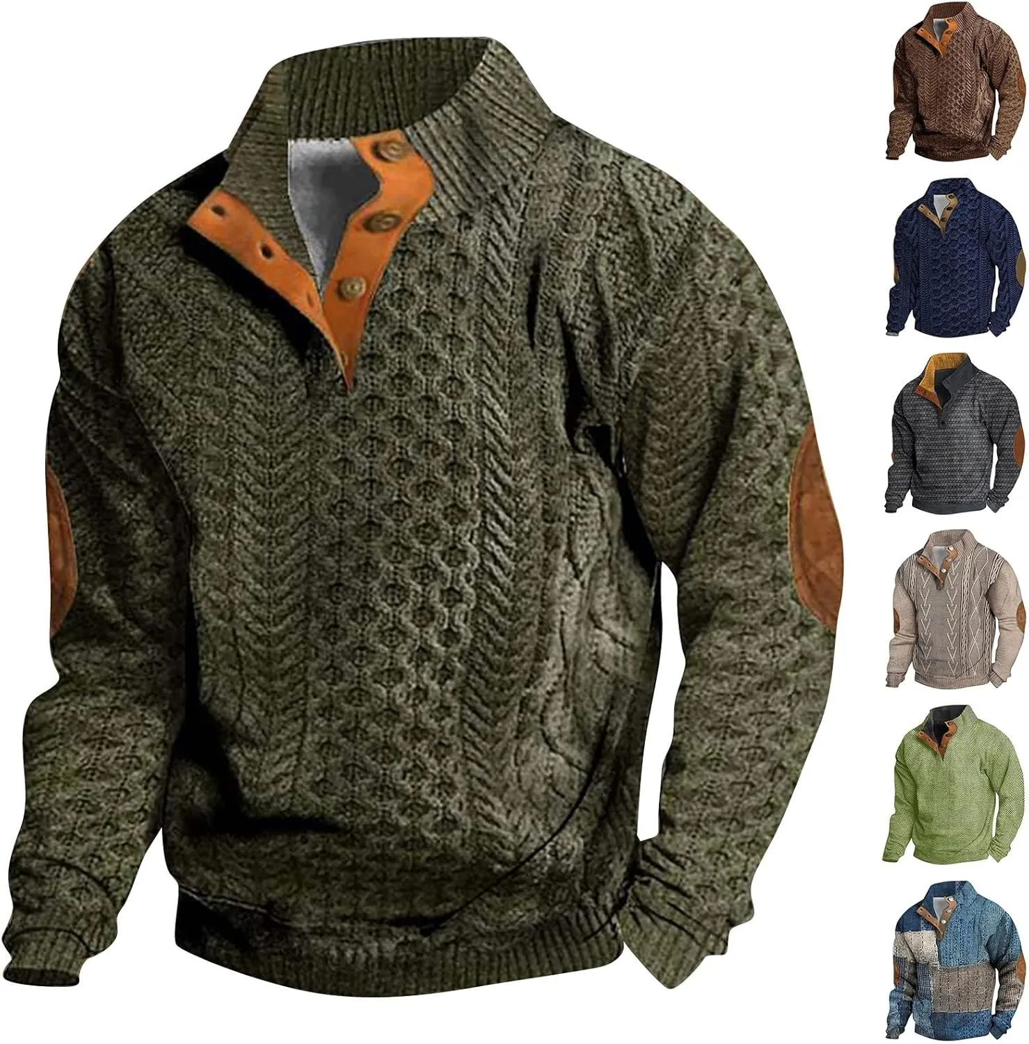 Men's Cable Knit Pullover Sweater Casual Long Sleeve Stand Collar Button Up Knitted Hen ley Pullover