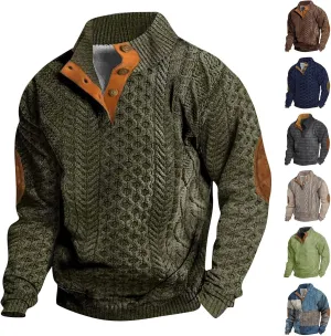 Men's Cable Knit Pullover Sweater Casual Long Sleeve Stand Collar Button Up Knitted Hen ley Pullover