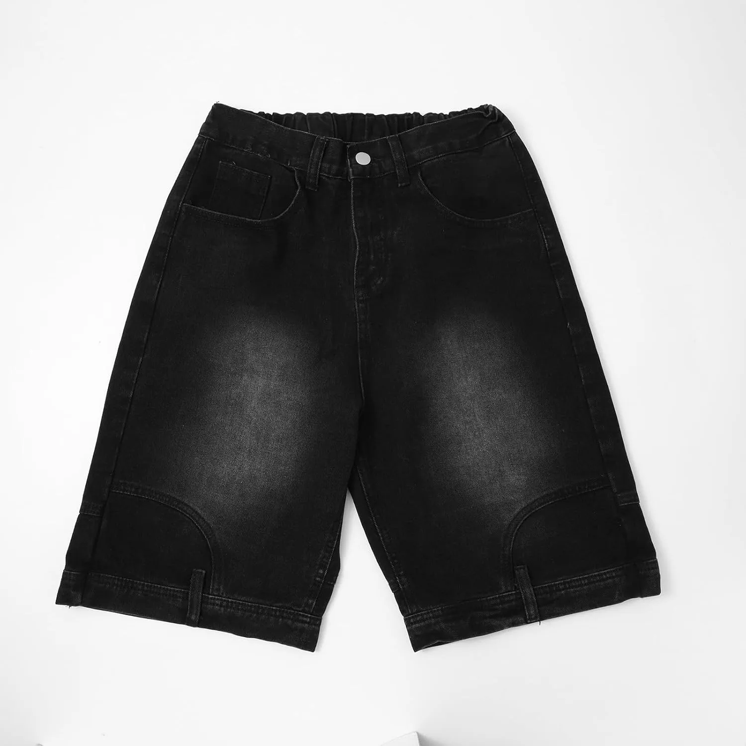 Mens Casual Denim Shorts Elastic Waist Drawstring Wide Leg Loose Fit Blue Color Rolled Hem Washed Summer Shorts