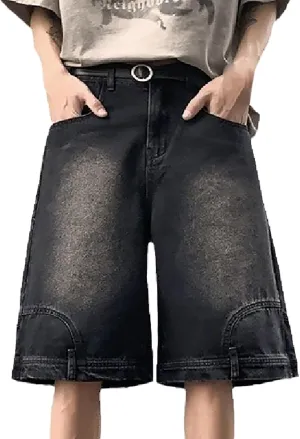 Mens Casual Denim Shorts Elastic Waist Drawstring Wide Leg Loose Fit Blue Color Rolled Hem Washed Summer Shorts