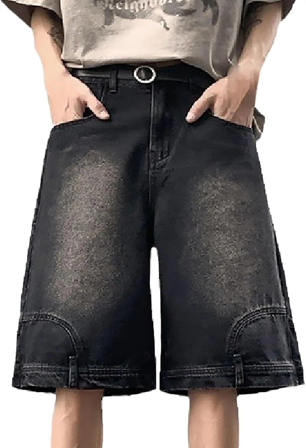 Mens Casual Denim Shorts Elastic Waist Drawstring Wide Leg Loose Fit Blue Color Rolled Hem Washed Summer Shorts