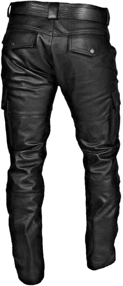 Men's Faux Leather Pants Fashion Steampunk Goth Pants Pocket Slim Fit Leather Pants Trousers with Multi Pockets