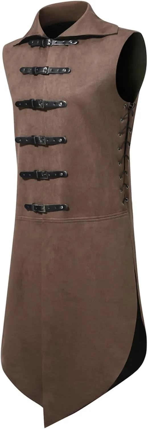 Mens Gothic Steampunk Vest Vintage Tailcoat Jacket Waistcoat Band Collar Sleeveless Coat Victorian Medieval Long Trench Coats